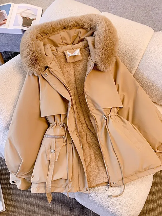 Women's Puffer Jacket Winter Fleece Parka with Collar Drawstring Zipper Coat Windproof Warm Hoodie Jacket with Pockets Fashion Street Outerwear Brown Black Khaki