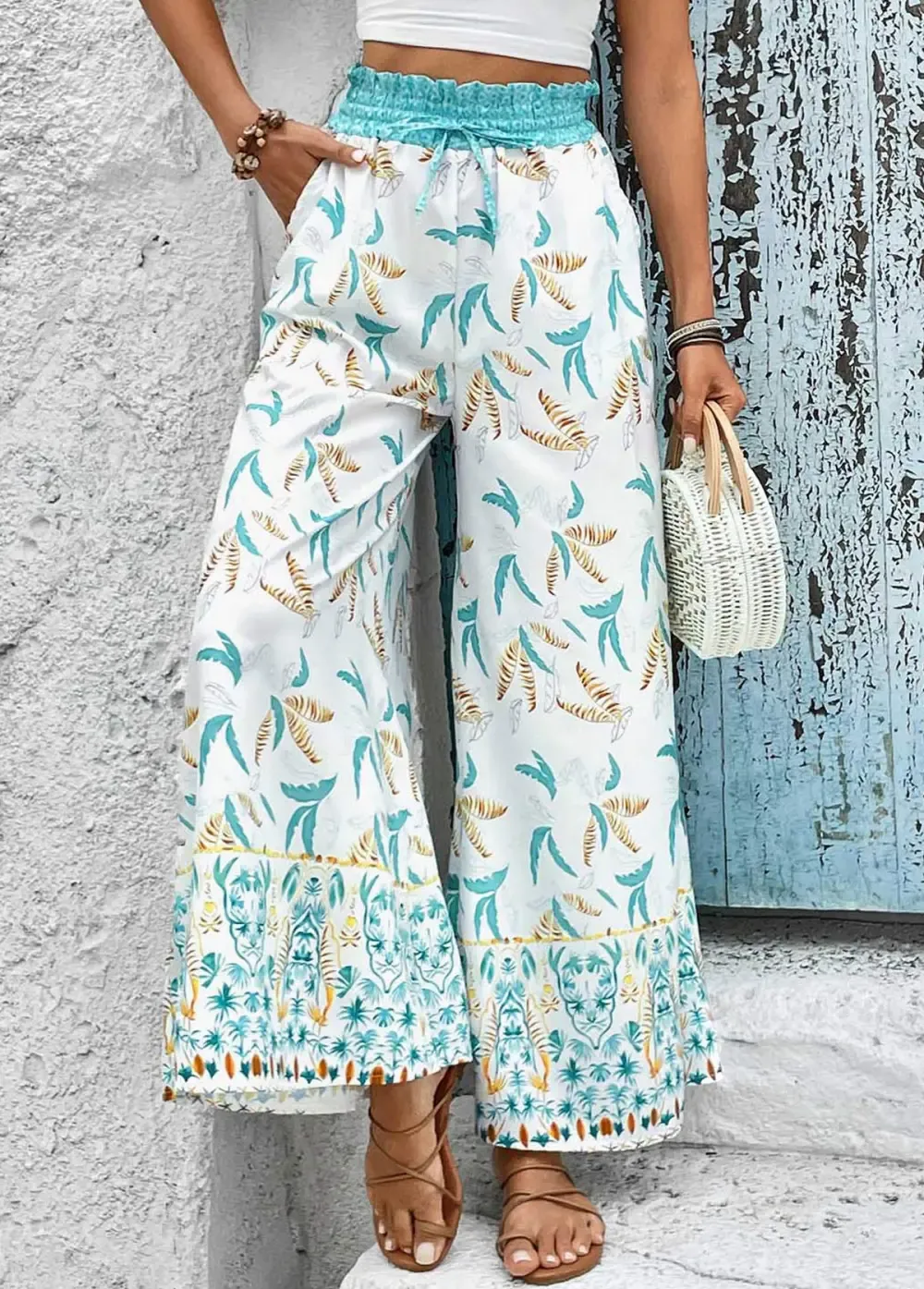 Mint Green Smocked Leaf Print Elastic Waist Pants