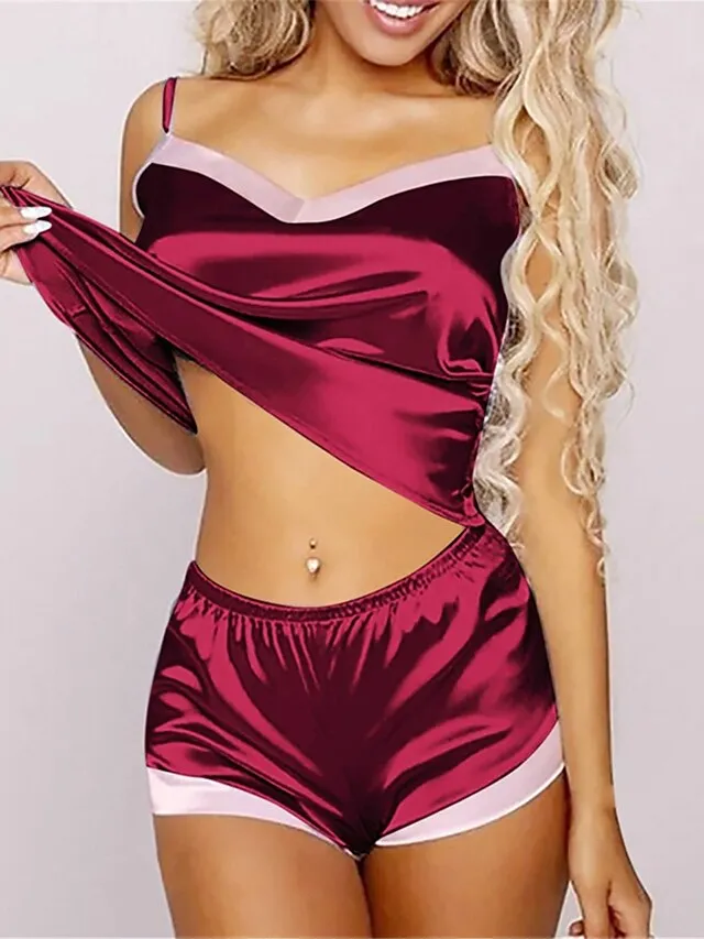 Women's Pajamas Pajama Top and Pant Sets Pure Color Fashion Casual Soft Home Daily Bed Satin Breathable Straps Sleeveless Strap Top Shorts Backless Summer Spring Silver Black