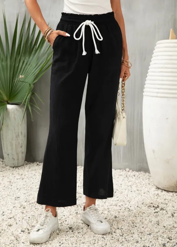 Black Pocket Flare Leg Elastic Waist Pants