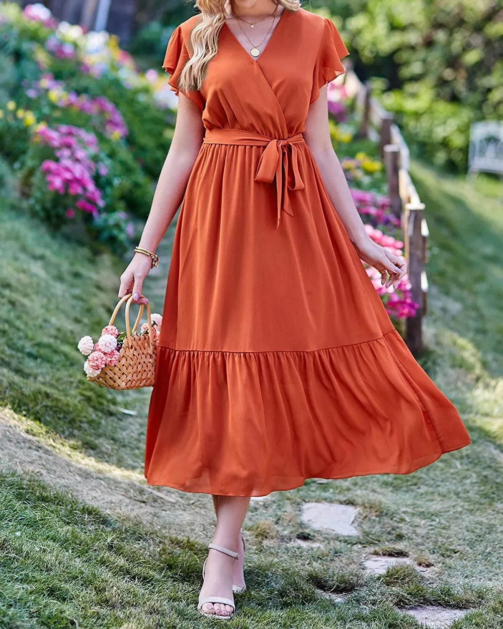 Women Summer Bohemian Floral Casual Wrap V Neck Ruffle Cap Sleeveless Belt A-Line Pleated Hem Swing Midi Sun Dress