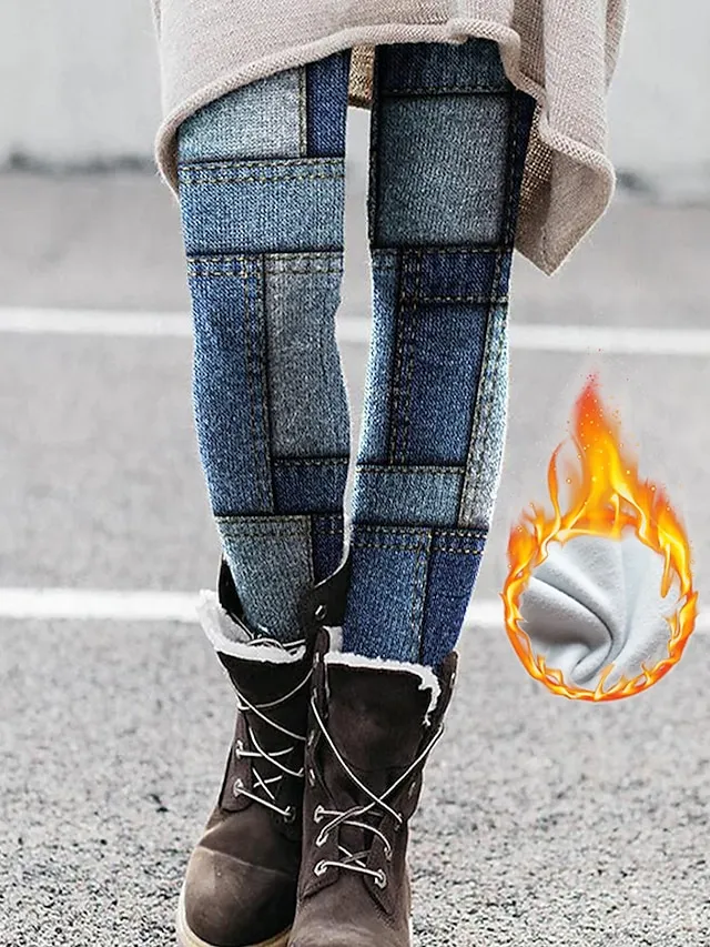 Women's Fleece Lined Leggings Warm Full Length Winter Leggings Print High Elasticity Fashion Christmas Casual Daily Blue S M Winter