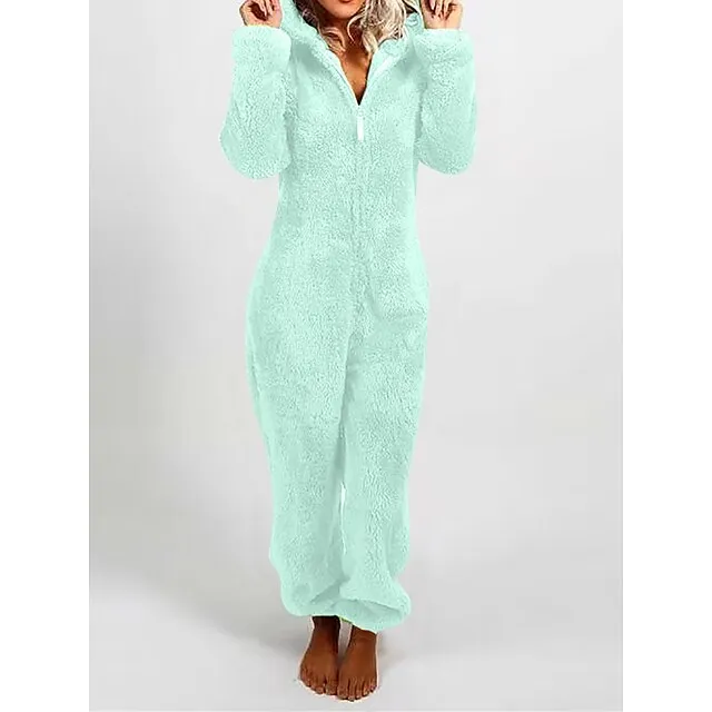 Women's Adult Onesies Onesie Pajamas Pure Color Plush Casual Comfort Home Daily Bed Polar Fleece Warm Hoodie Long Sleeve Fall Winter Light Pink claret