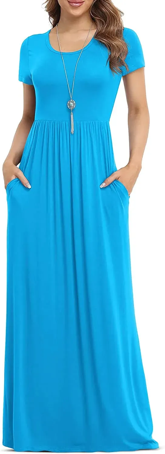 Women's Short Sleeve Loose Plain Maxi Dresses Casual Long Dresses with Pockets