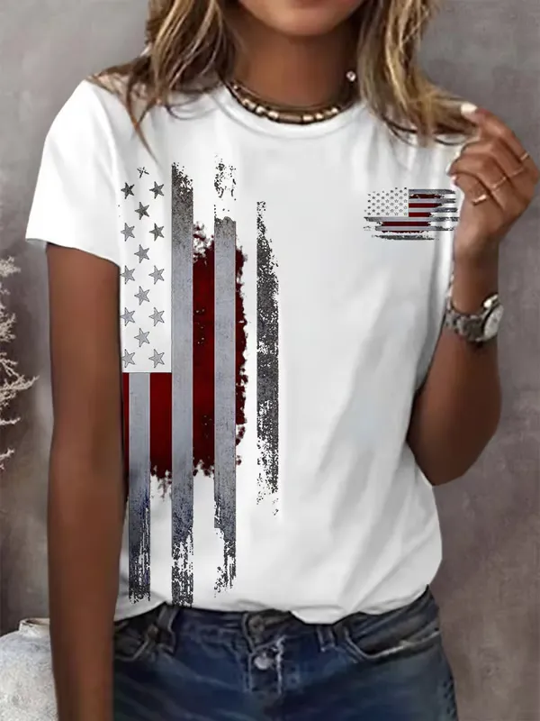 Women's Independence Day Flag Round Neck Short Sleeves Pure Cotton T-Shirt