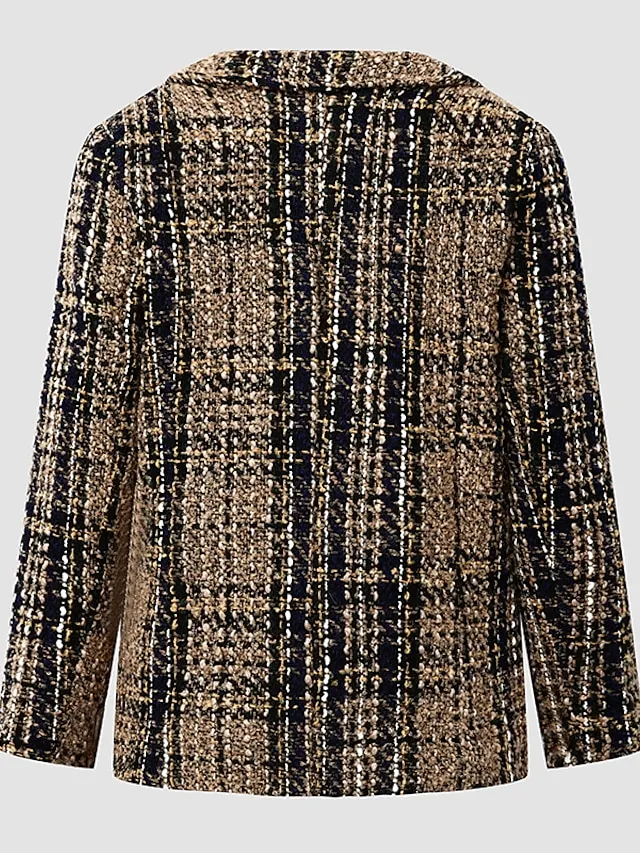 Women's Blazer Tweed Maillard Plaid Long Sleeve Coat Fall Winter Business Double Breasted Regular Jacket Green Brown XL 2XL 3XL