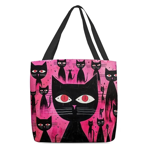 Women's Tote Shoulder Bag Canvas Tote Bag Polyester Oxford Cloth Shopping Holiday Print Large Capacity Foldable Lightweight Cat Black / Red Custom Print Light Pink