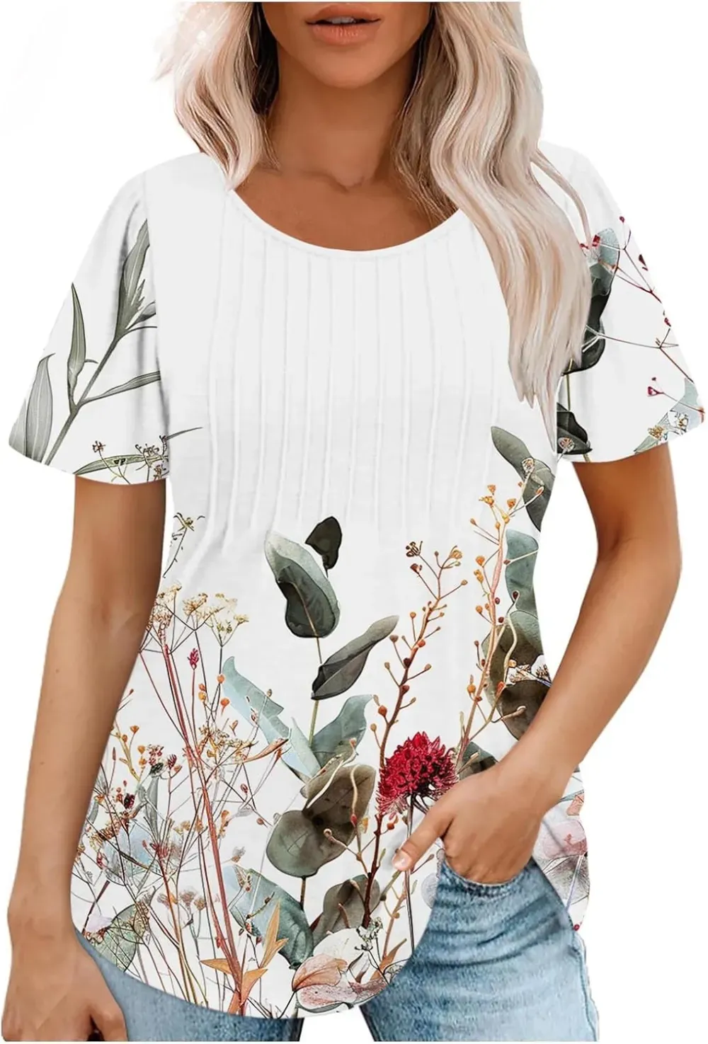 Womens Summer Pleated Front Shirts Tunics Casual Short Sleeved Loose Round Neck Boho Printed Tops Vacation Blouse