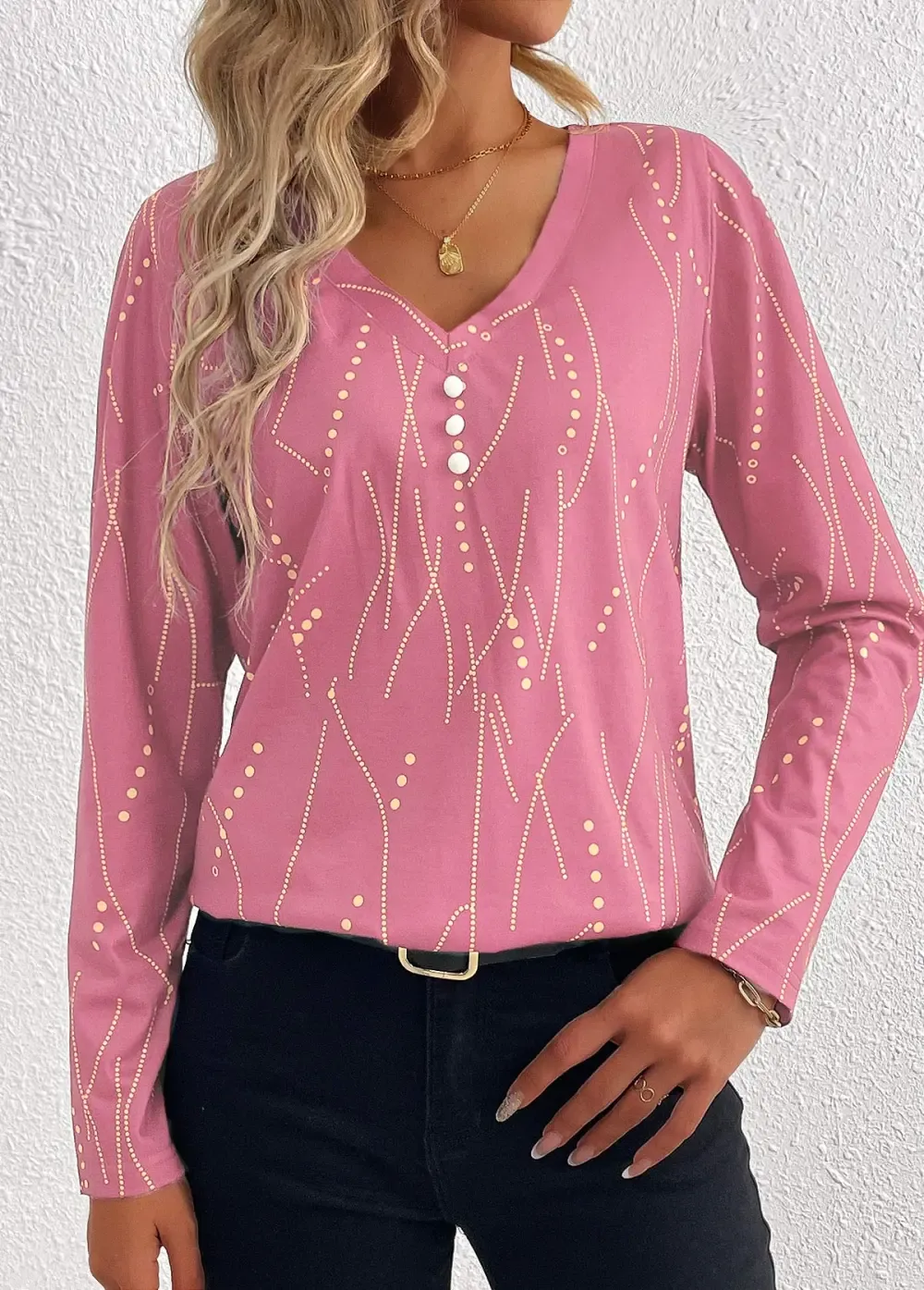 Pink Button Geometric Print Long Sleeve T Shirt