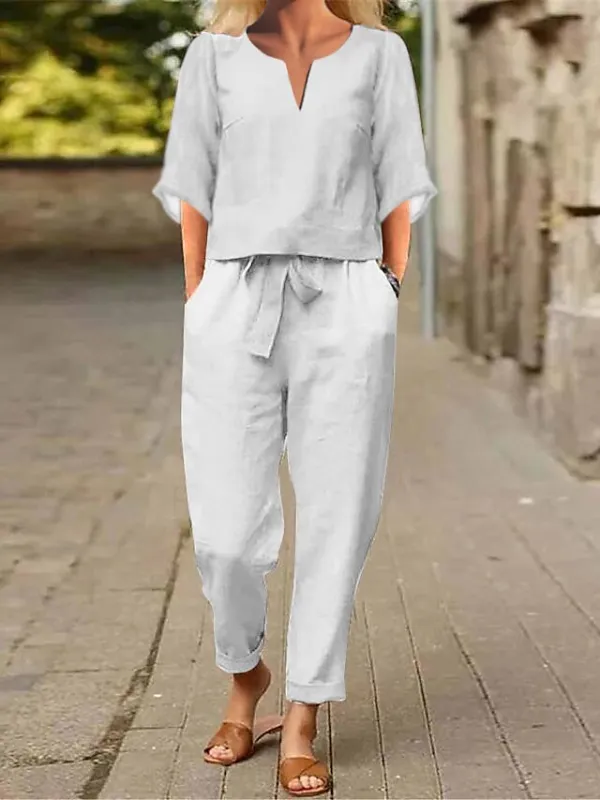 Women's Loungewear Sets 2 Pcs Cotton Blend Abstract Flower Casual Comfort Home Street Daily  Breathable Stand Collar Half Sleeve Pullover Pants Pocket Belt Included Summer Spring White Light Green