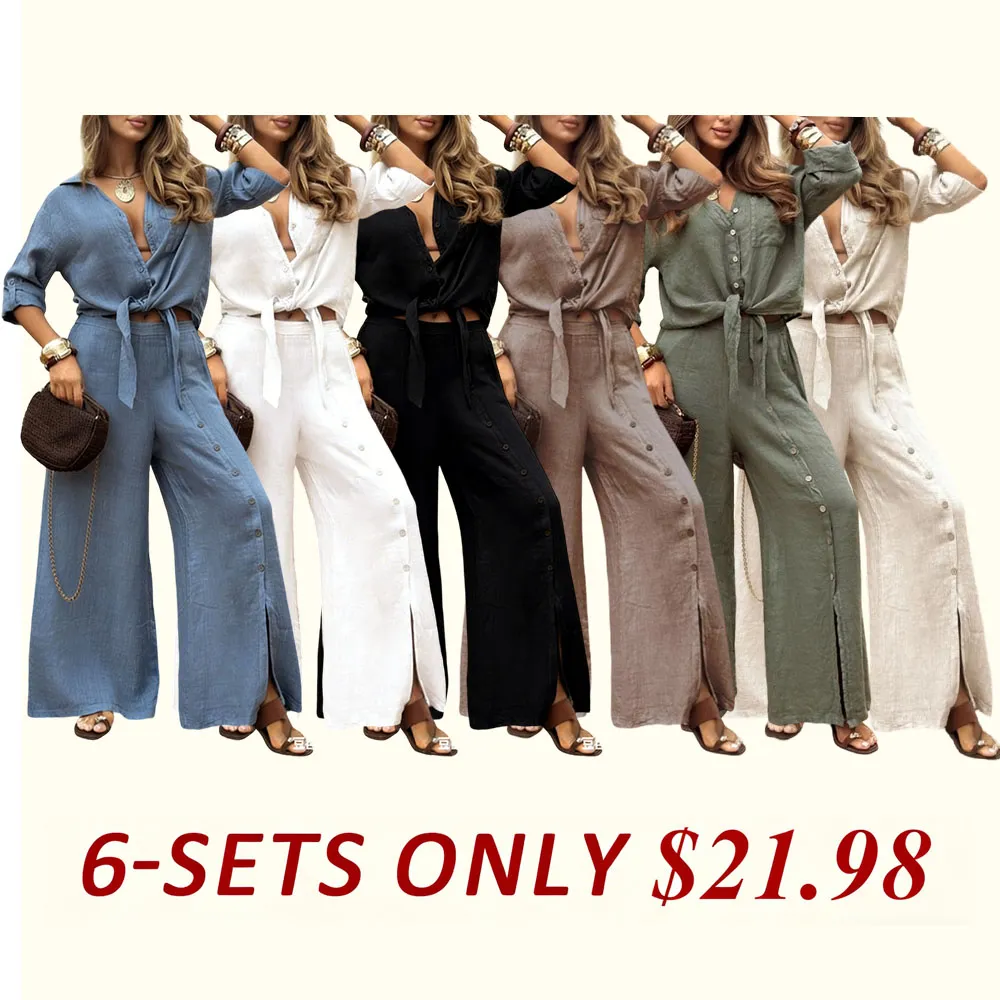 🔥 Women's Loose-Fit Long Sleeve Shirt & Wide Leg Pants Set