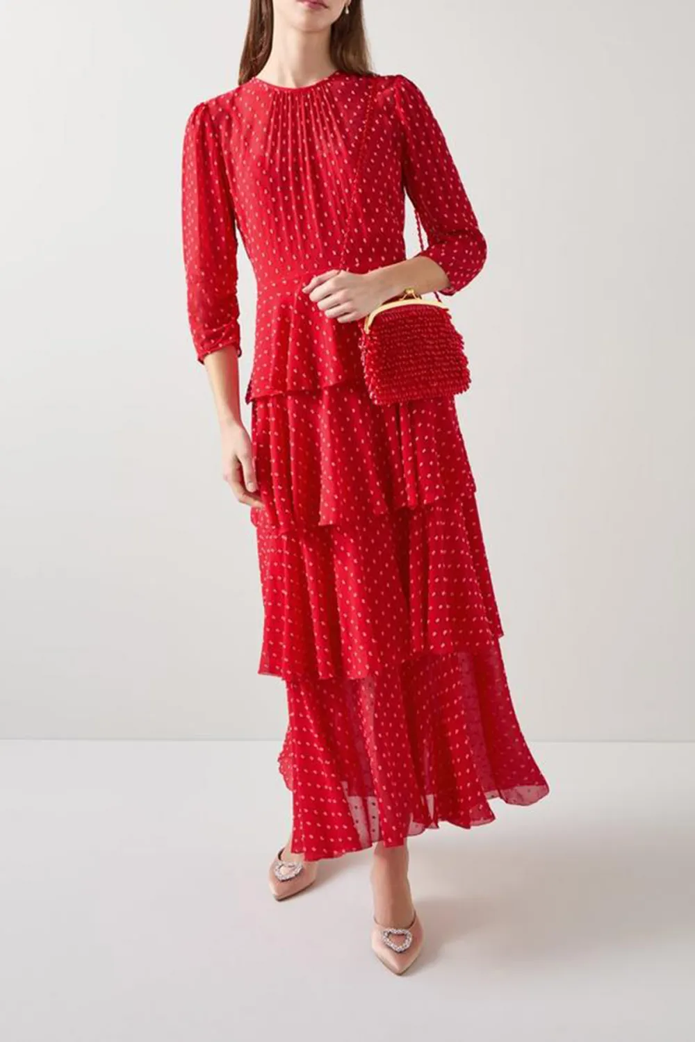 Red Polka Dot Tiered Midi Dress