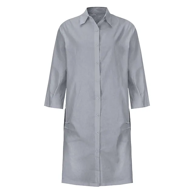Women's Shirt Dress Casual Dress Cotton Linen Dress Midi Dress Cotton Blend Simple Basic Home Street Daily Shirt Collar Pocket Long Sleeve Summer Spring Fall 2023 Loose Fit Black White Yellow Pure