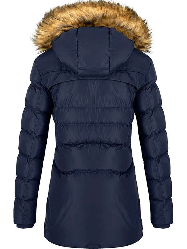 Women's cotton winter jacket padded warm long jacket with fur trim hood