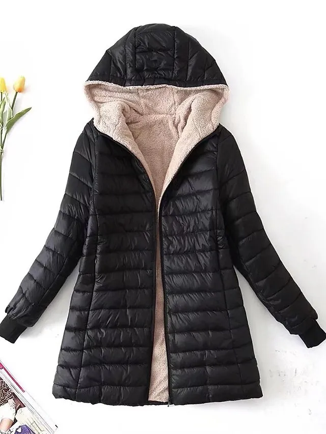 Women's Parka Quilted Coat Fleece Lined Sherpa Jacket Fall Long Coat Winter Puffer Jacket Windproof Warm Heated Coat Stylish Casual Jacket Long Sleeve Plain Full Zip Black