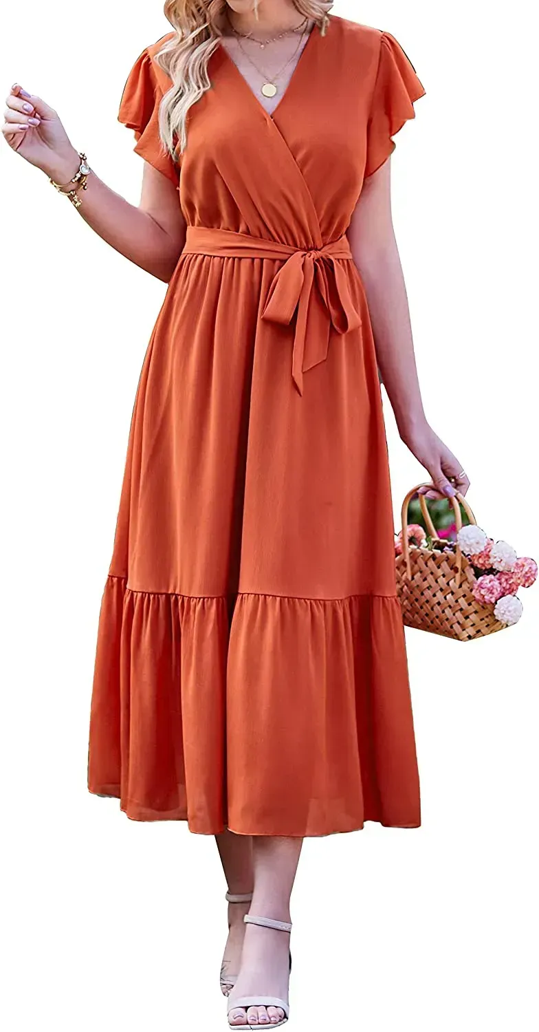 Women Summer Bohemian Floral Casual Wrap V Neck Ruffle Cap Sleeveless Belt A-Line Pleated Hem Swing Midi Sun Dress