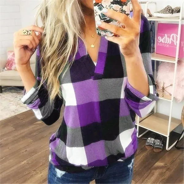 V Neck Lattice Color-blocked Long Sleeve Casual T-Shirt