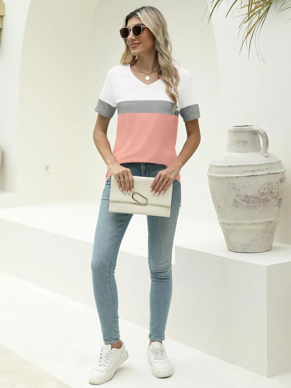 ORANDESIGNE Women's Color Block Short Sleeve T Shirts Casual V Neck Summer Tops Tees Loose Fit Blouses