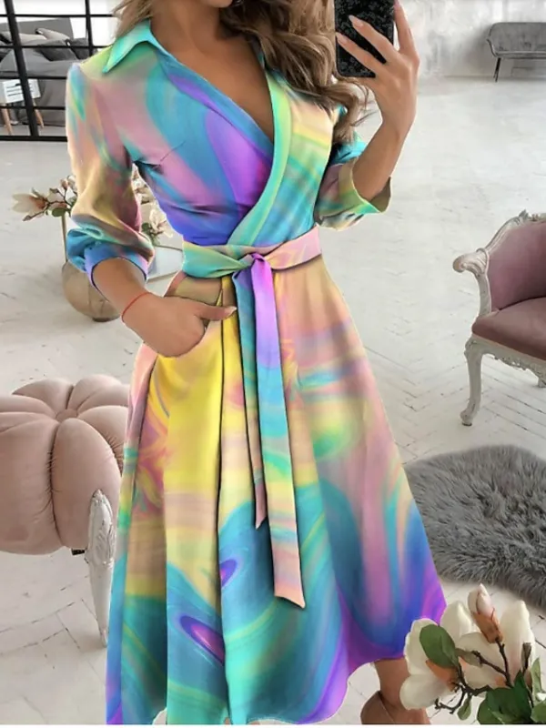 Women‘s A Line Dress Midi Dress Tie dye Letter printing Butterfly print Big wave point Small dots Diamond printing Black khaki Sky Blue Red Long Sleeve Print Butterfly Pure Color Lace up Pocket