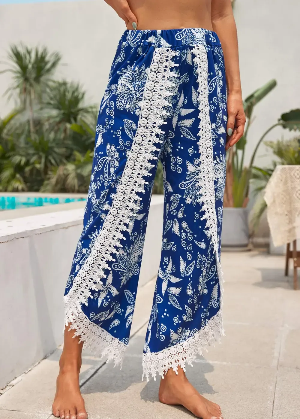 Blue Patchwork Tribal Print Elastic Waist Pants