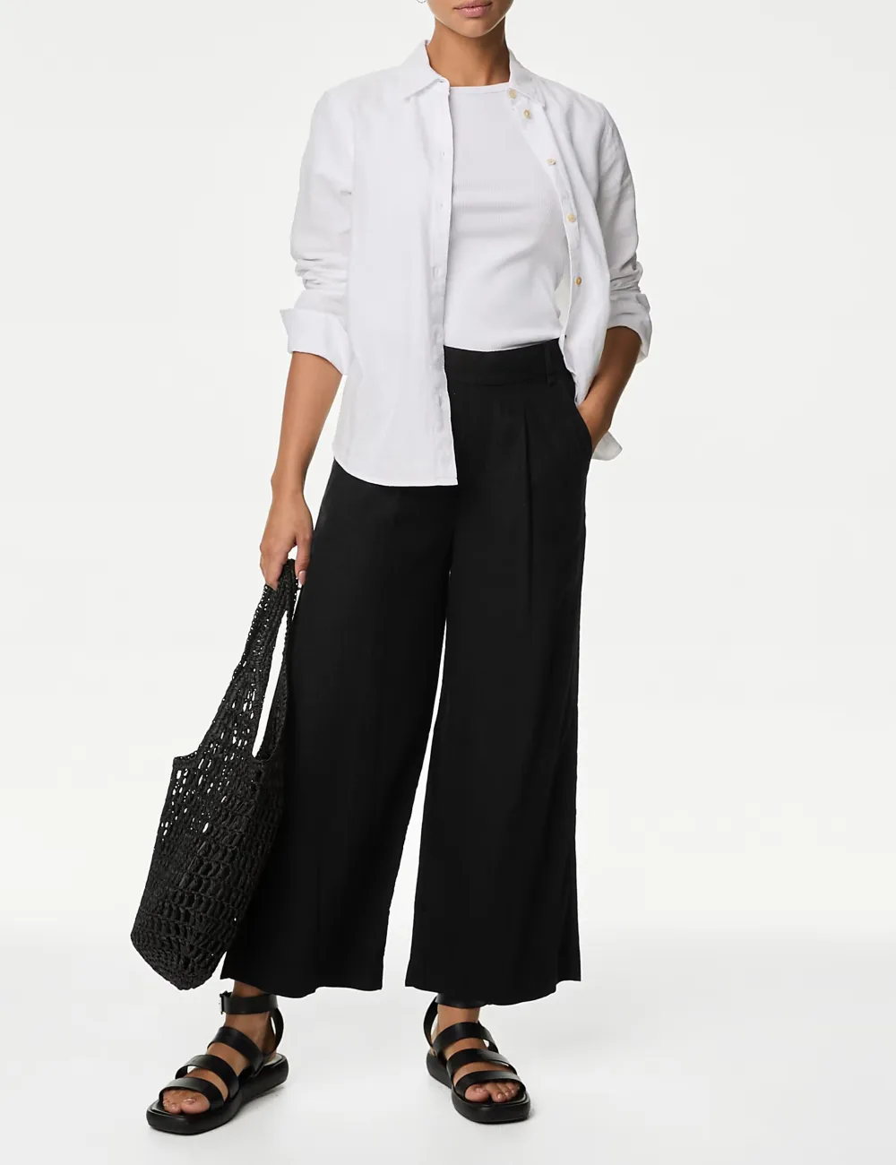 Black Shirred Wide Leg Trousers