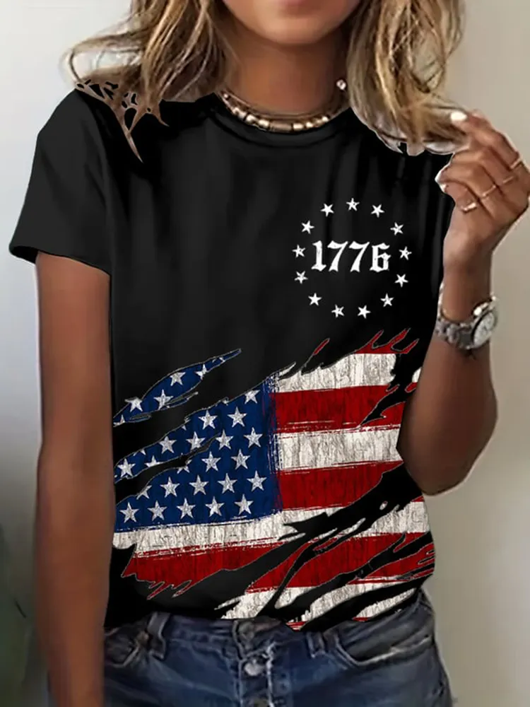 Women'S Shirt With National Flag Print Round-Neck Short-Sleeved T-Shirt