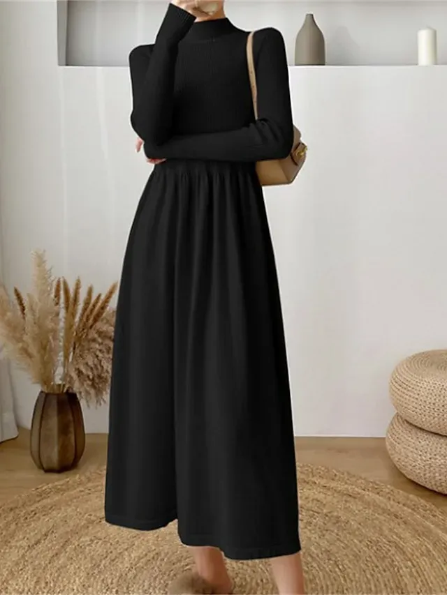 Women's Sweater Dress Knit Dress Jumper Dress Midi Dress Knitwear Elegant Fashion Plain Outdoor Daily Going out Turtleneck Long Sleeve 2023 Loose Fit Black Apricot One Size