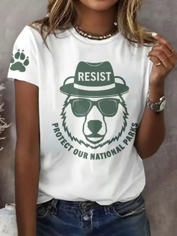 T-Shirt Women Protect Our National Parks Printed Crew-Neck T-Shirt Cotton Casual Short-Sleeved