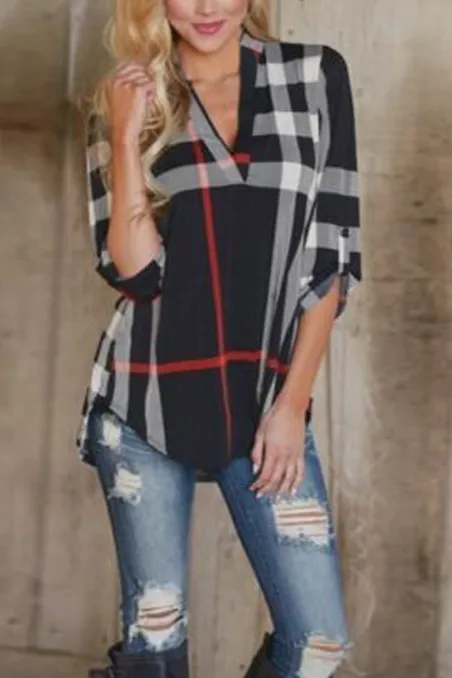 Fashion Plaid Printed V-Neck Cropped Shirt