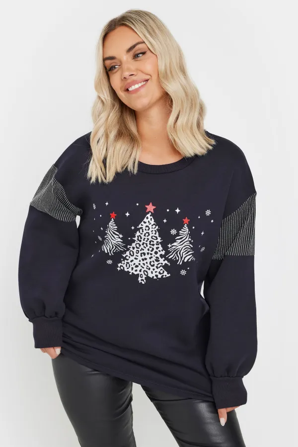 YOURS Curve Grey Metallic Christmas Tree Sweatshirt