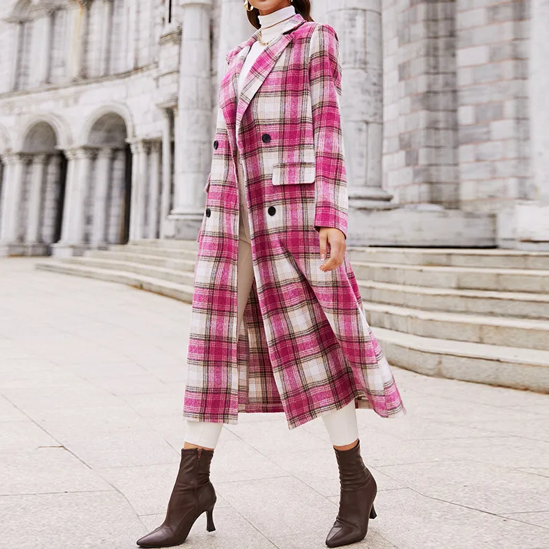 Rose Red Plaid Lapel Coat