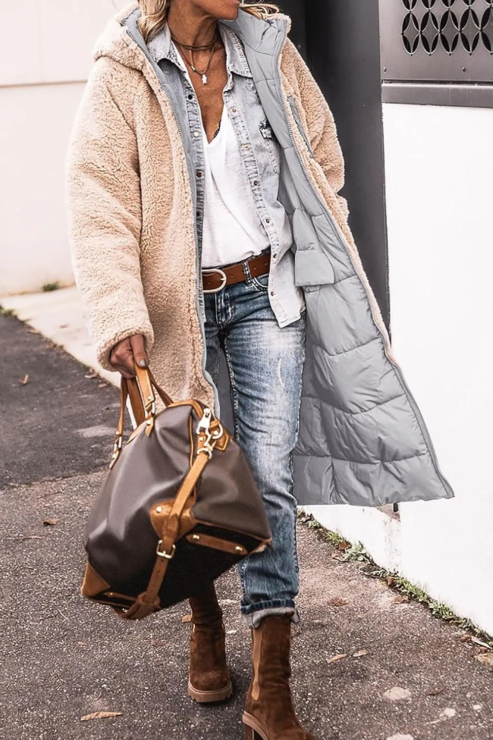 Women's 2023 Warm Winter Coats Reversible Sherpa Fleece Long Hooded Puffer Jackets Outerwear