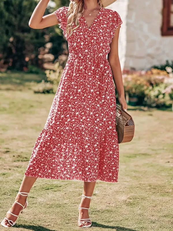Women Summer Bohemian Floral Casual Wrap V Neck Ruffle Cap Sleeveless Belt A-Line Pleated Hem Swing Midi Sun Dress