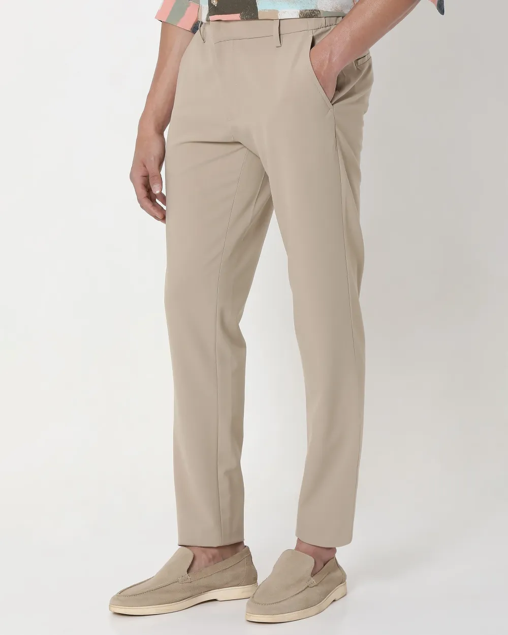 Classic Versatile Soft Slim-Fit Straight-Leg BeigeTrousers
