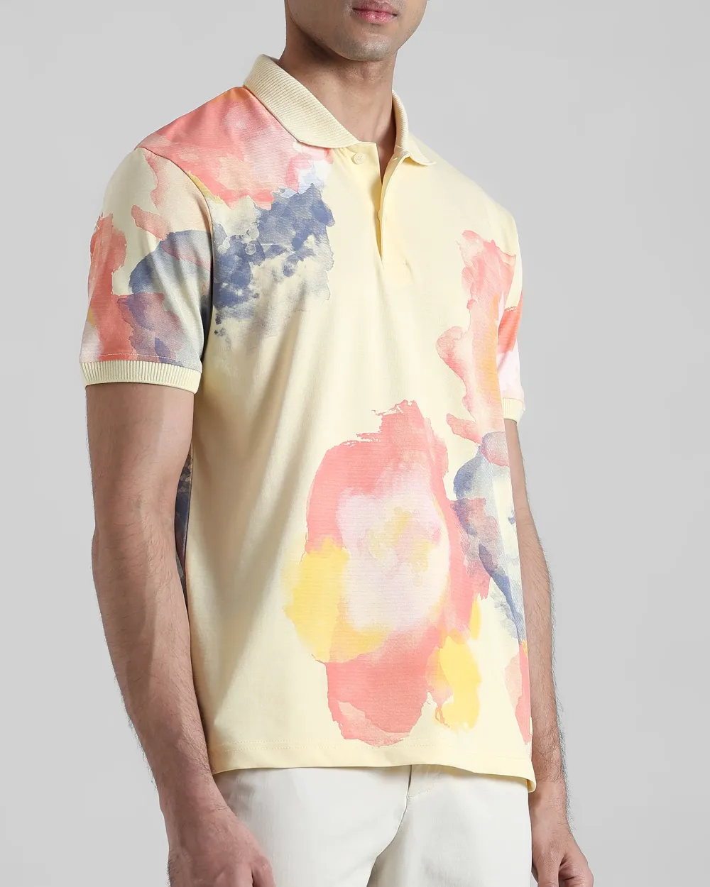 Daily Simple Light Yellow Floral Print Polo Shirt