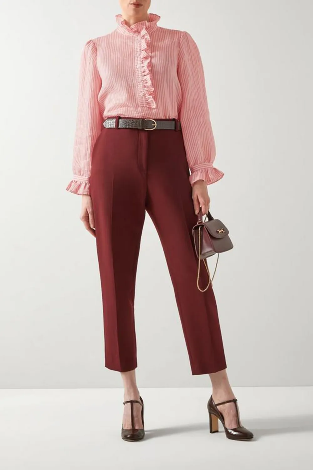 Pink Striped Ruffle Trim Button Down Shirt