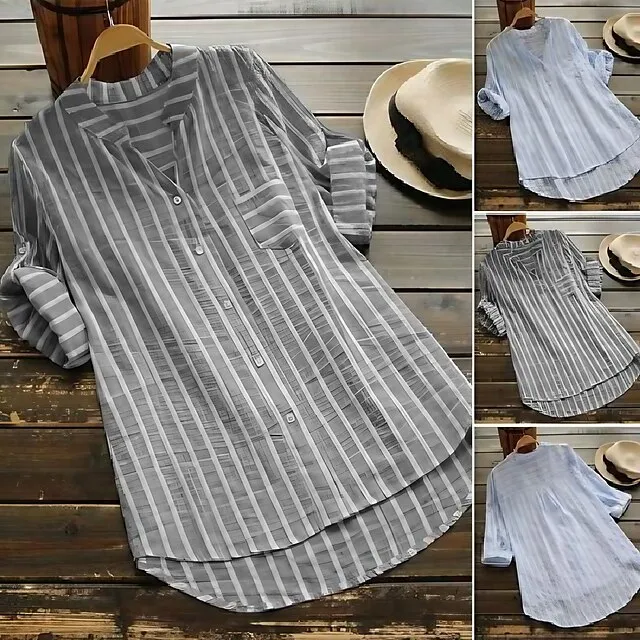 Blouse Women's Light Blue Black khaki Stripes Button Front Office S