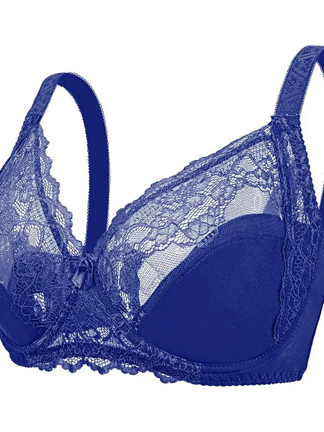 Women's Curve Plus Size Bra Solid Floral Lace Deep U Fall Winter Lace Bras 3/4 Cup Black White Red Big Size 85/38E 90/40E 95/42E 100/44E