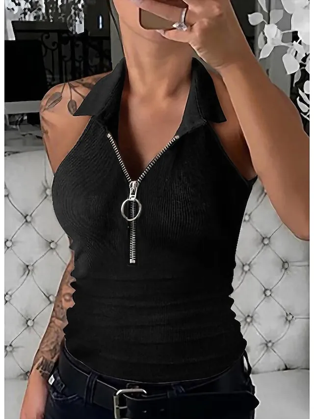 Women's Shirt Tank Top Plain Black Wine Blue Quarter Zip Sleeveless Daily Weekend Streetwear Casual Shirt Collar Regular Fit