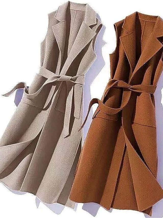 Women's Vest Winter Sleeveless Overcoat Long Pea Coat Fall Trench Coat with Belt Office Casual / Daily Fashion OuterwearBlack S