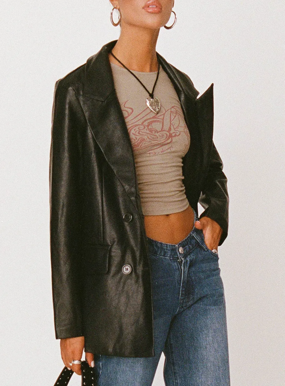 Black Double Breasted Faux Leather Blazer