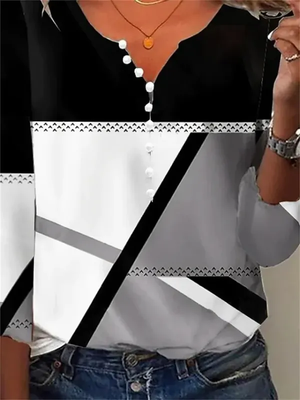 Women's T shirt Tee Black Color Block Button Print Long Sleeve Daily Weekend Basic V Neck Regular Painting S