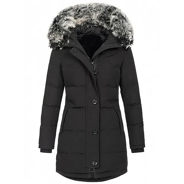 Women's Parka Thicken Puffer Jacket Fleece Winter Coat with Fur Collar Fall Warm Windproof Hooded Jacket Stylish Casual Street Jacket with Pockets Long Sleeve Black White Red