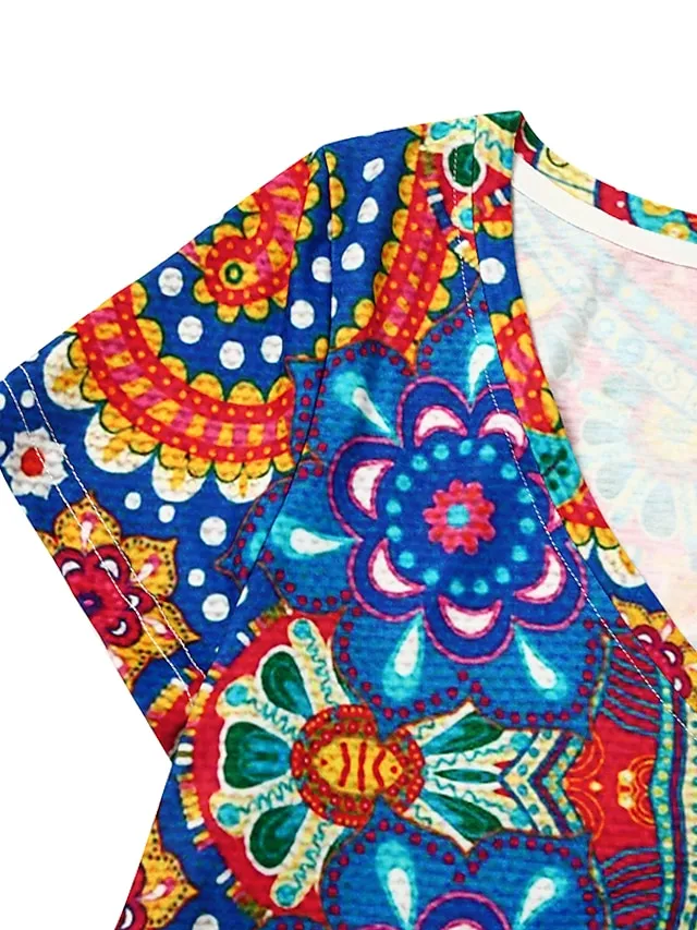 Women's Casual Dress T Shirt Dress Tee Dress Ethnic Dress Mini Dress Red Dusty Blue Rainbow Short Sleeve Floral Print Summer Spring Deep V Vacation 2023 S M L XL 2XL 3XL