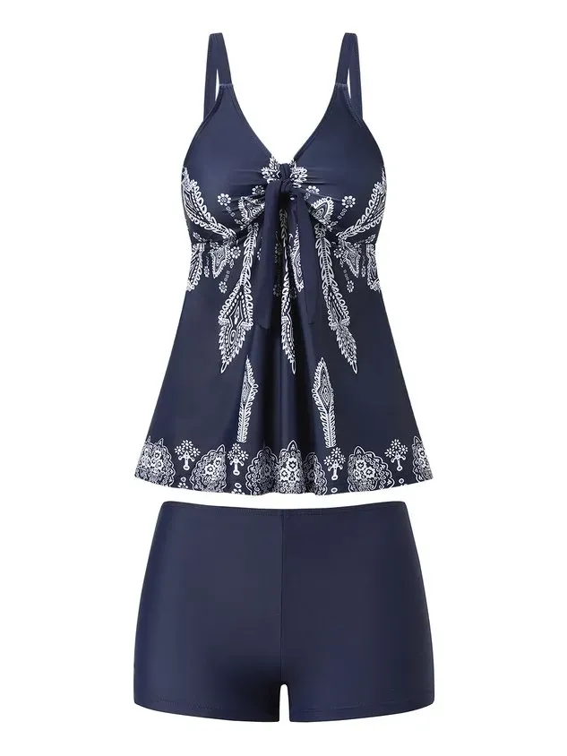 Vacation Ethnic Printing V neck Tankinis Two-Piece Set