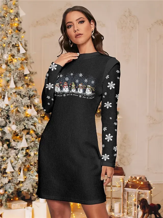 Women's Christmas Dress Sweater Dress Jumper Dress Mini Dress Knitwear Warm Active Snowman Snowflake Outdoor Christmas Daily Going out Crew Neck Long Sleeve 2023 Regular Fit Black S M L XL XXL 3XL