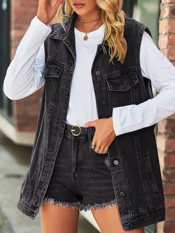 Retro Lapel Neck Denim Vest Outwear