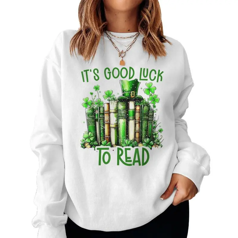 Retro Book Lucky Reading Teacher St Patrick's Day -Adults Black Small Cotton Blend Polyester Blend Short Sleeve Women Sweatshirt