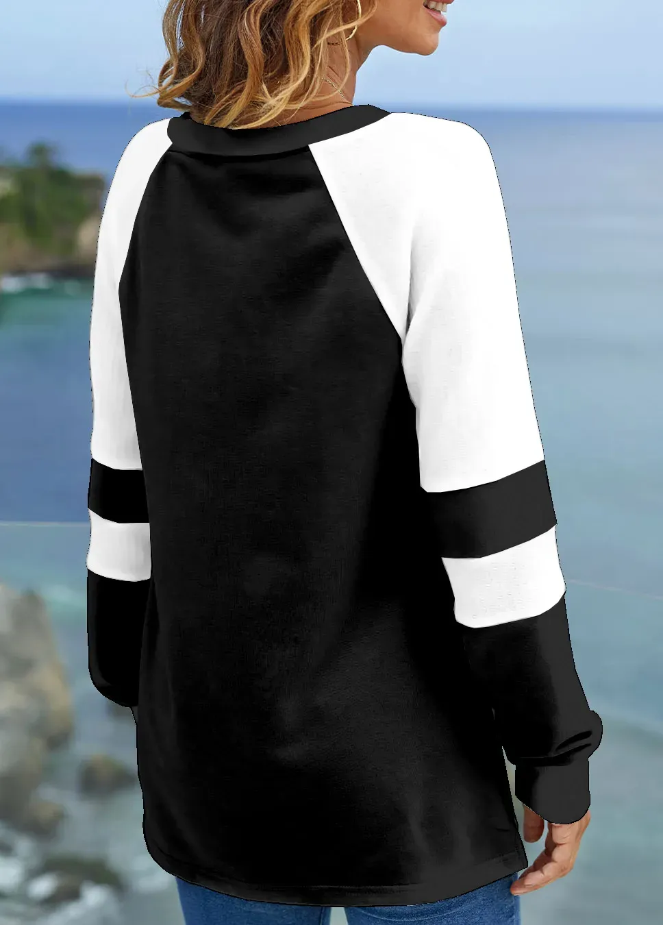 Long Sleeve Split Neck Contrast Sweatshirt
