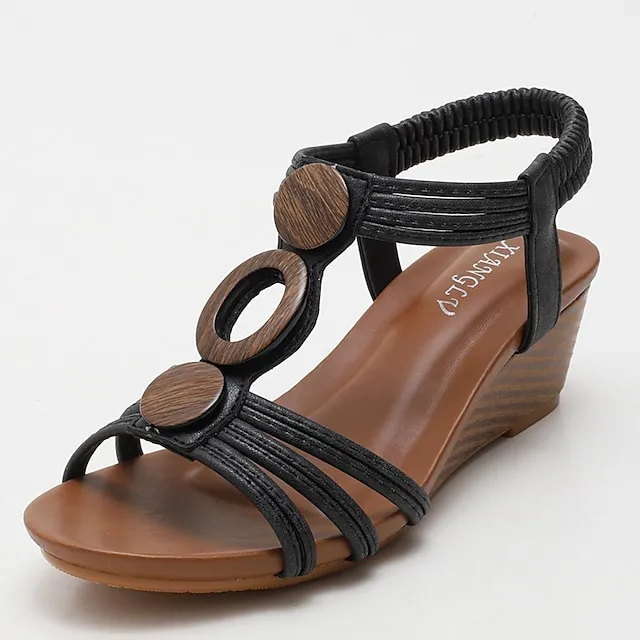 Women's Sandals Boho Bohemia Beach Wedge Sandals Outdoor Office Daily Summer Button Wedge Heel Open Toe Vintage Elegant Casual Walking Shoes PU Leather Elastic Band Solid Colored Black Gold